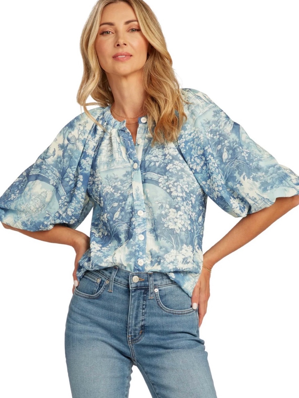 Light Blue Floral Puff-Sleeve Button-Down Blouse